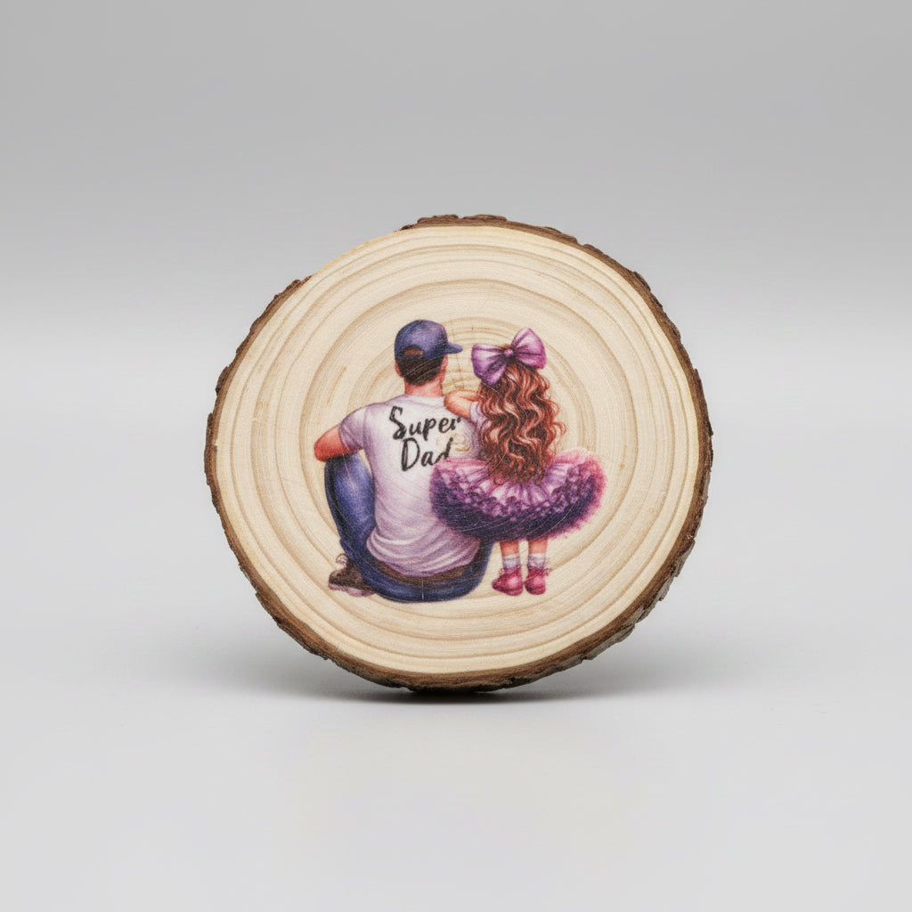Decorative coaster with a design of a man and woman sitting together, labeled 'Super Dad'.