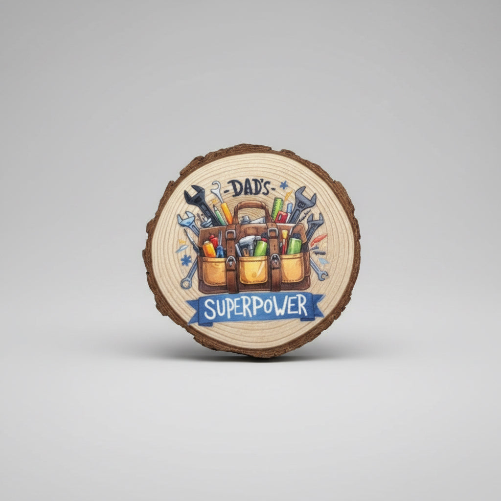 Decorative patch with a toolbox illustration and 'Dad's Superpower' text on a wooden background.